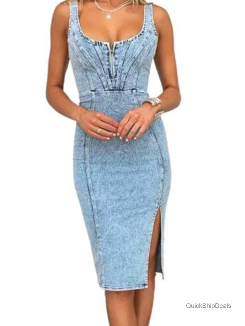 Denim Dress Sleeveless Side Slit Bodycon Midi Jean Dress